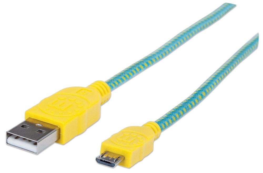 Manhattan cable usb v2 a-micro b, bolsa textil 1.0m amarilloverde - cable for smartphone, tableta, teléfono móvil - extremo prinicpal 1 x usb 2.0 tipo a - macho - 480mbits - apantallado - níquel conector chapado - oro contacto chapado - 28 awg - amarillo, verde azulado - tejida
