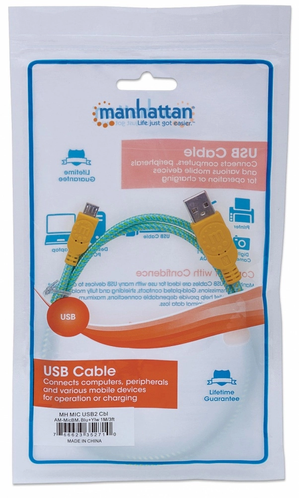 Manhattan cable usb v2 a-micro b, bolsa textil 1.0m amarilloverde - cable for smartphone, tableta, teléfono móvil - extremo prinicpal 1 x usb 2.0 tipo a - macho - 480mbits - apantallado - níquel conector chapado - oro contacto chapado - 28 awg - amarillo, verde azulado - tejida