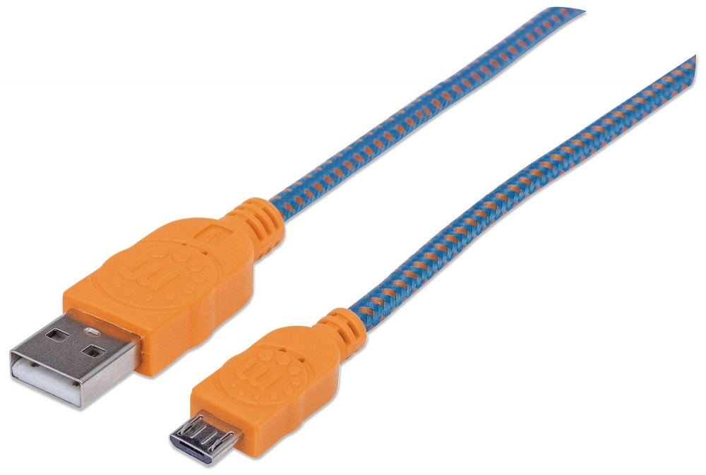 Manhattan cable usb v2 a-micro b, bolsa textil 1.0m naranjaazul - cable for smartphone, tableta, teléfono móvil - extremo prinicpal 1 x usb 2.0 tipo a - macho - 480mbits - apantallado - níquel conector chapado - oro contacto chapado - 28 awg - naranja, azul