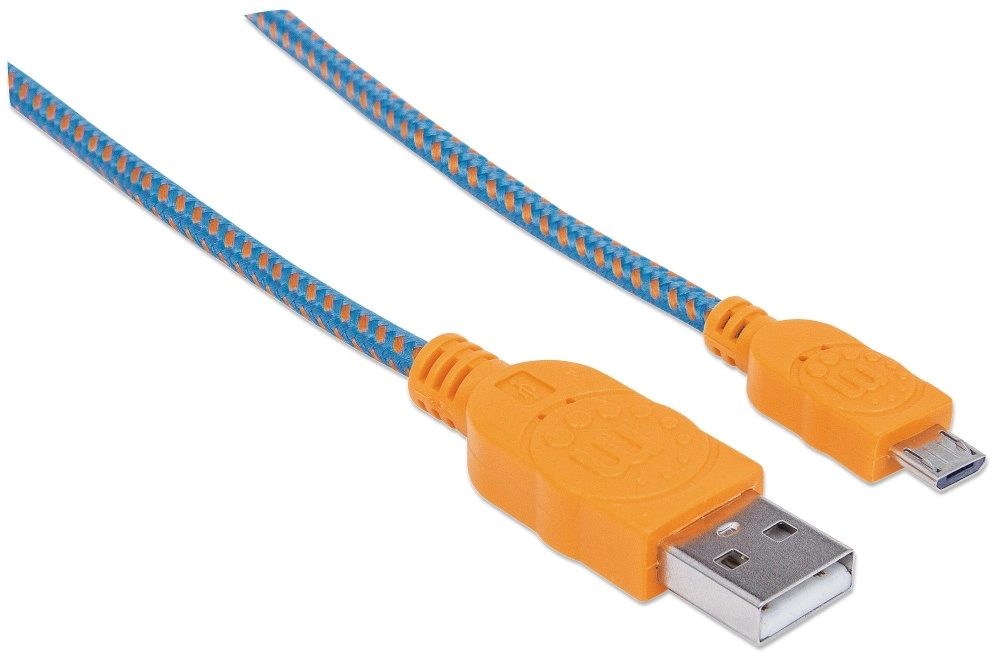 Manhattan cable usb v2 a-micro b, bolsa textil 1.0m naranjaazul - cable for smartphone, tableta, teléfono móvil - extremo prinicpal 1 x usb 2.0 tipo a - macho - 480mbits - apantallado - níquel conector chapado - oro contacto chapado - 28 awg - naranja, azul