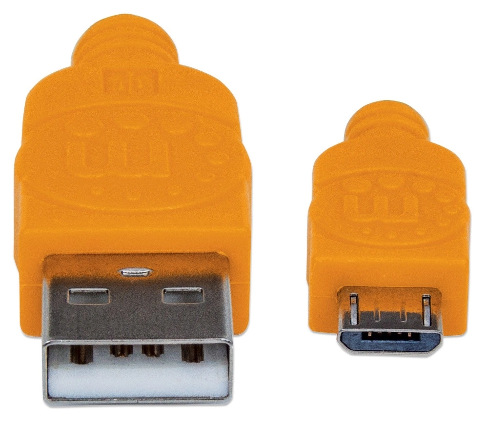 Manhattan cable usb v2 a-micro b, bolsa textil 1.0m naranjaazul - cable for smartphone, tableta, teléfono móvil - extremo prinicpal 1 x usb 2.0 tipo a - macho - 480mbits - apantallado - níquel conector chapado - oro contacto chapado - 28 awg - naranja, azul