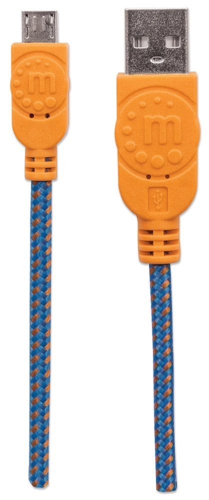 Manhattan cable usb v2 a-micro b, bolsa textil 1.0m naranjaazul - cable for smartphone, tableta, teléfono móvil - extremo prinicpal 1 x usb 2.0 tipo a - macho - 480mbits - apantallado - níquel conector chapado - oro contacto chapado - 28 awg - naranja, azul