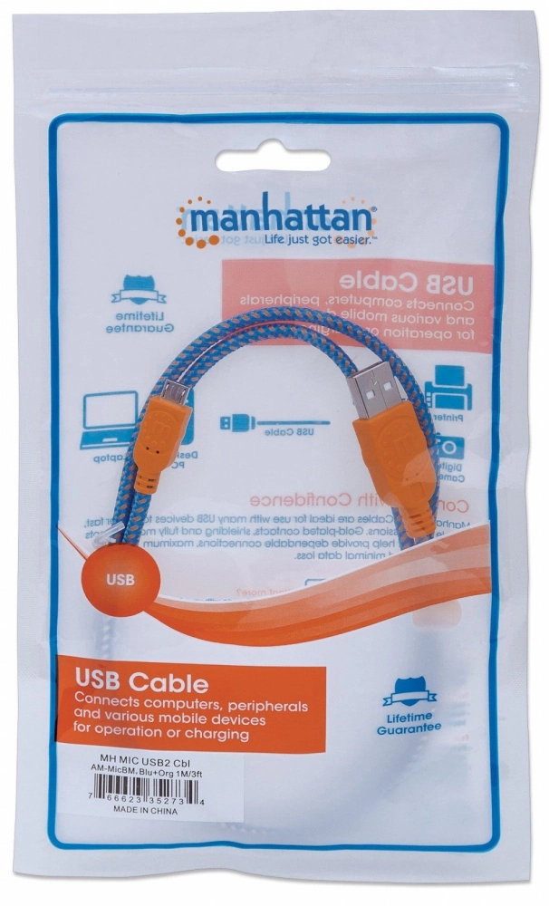 Manhattan cable usb v2 a-micro b, bolsa textil 1.0m naranjaazul - cable for smartphone, tableta, teléfono móvil - extremo prinicpal 1 x usb 2.0 tipo a - macho - 480mbits - apantallado - níquel conector chapado - oro contacto chapado - 28 awg - naranja, azul