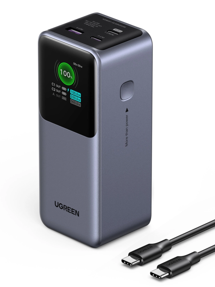 Power bank ugreen nexode 20000mah, hasta 100w, pantalla inteligente, 1x usb-a, 2x usb-c, gris
