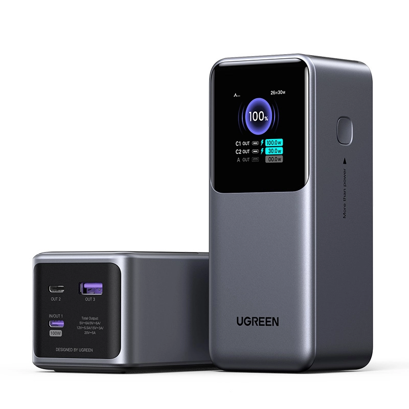 Power bank ugreen nexode 20000mah, hasta 100w, pantalla inteligente, 1x usb-a, 2x usb-c, gris