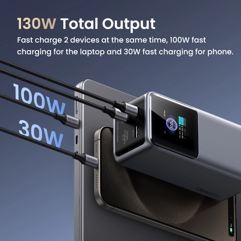 Power bank ugreen nexode 20000mah, hasta 100w, pantalla inteligente, 1x usb-a, 2x usb-c, gris