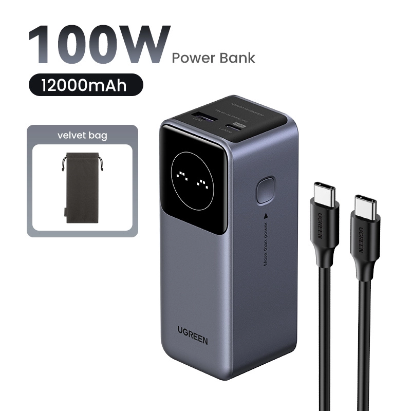 Power bank ugreen nexode 12000mah, hasta 100w, pantalla inteligente, 1x usb-a, 1x usb-c, gris