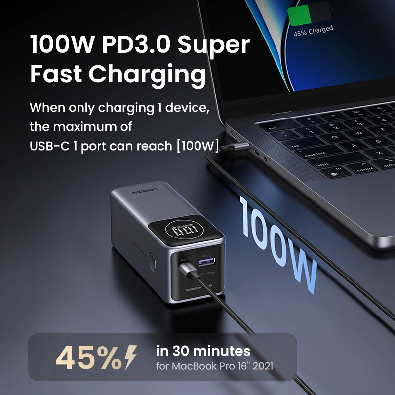 Power bank ugreen nexode 12000mah, hasta 100w, pantalla inteligente, 1x usb-a, 1x usb-c, gris