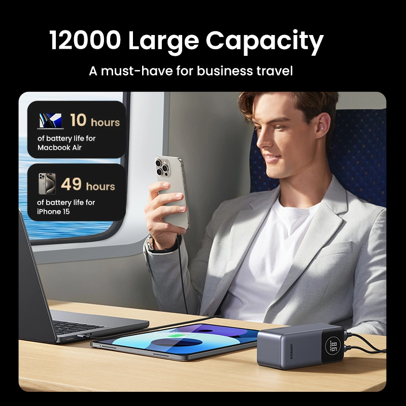 Power bank ugreen nexode 12000mah, hasta 100w, pantalla inteligente, 1x usb-a, 1x usb-c, gris