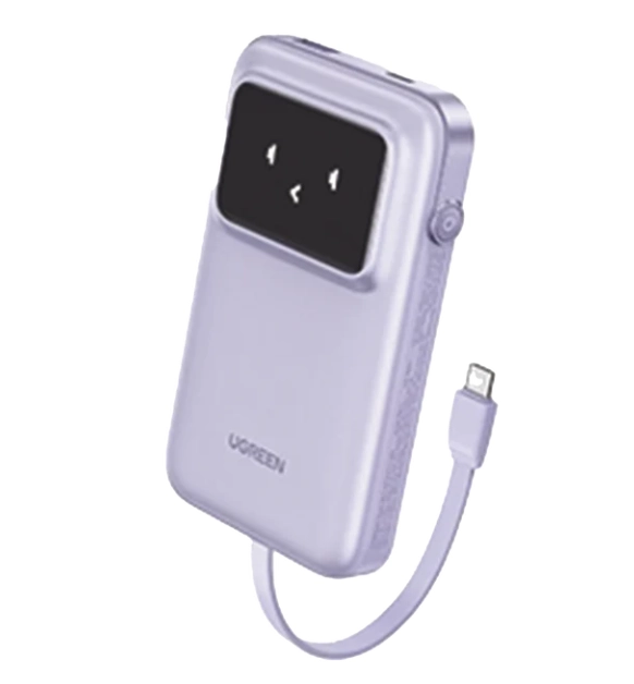 Power bank ugreen uno 10000 mah, cable usb-c incorporado, pantalla inteligente, 30w, purpura