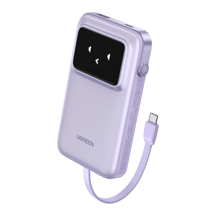 Power bank ugreen uno 10000 mah, cable usb-c incorporado, pantalla inteligente, 30w, purpura