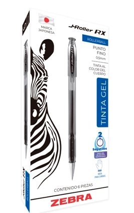 Bolígrafo zebra j roller rx punto fino 0.5mm tinta gel color negro c6 pzas