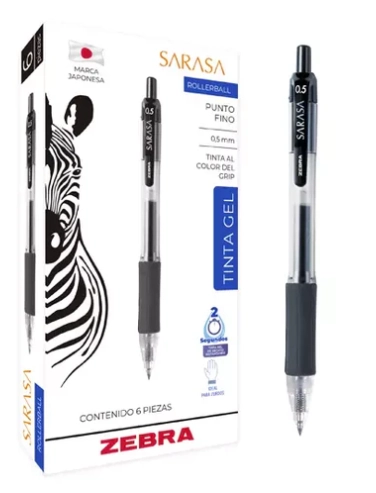 Bolígrafo zebra sarasa retráctil punto fino 0.5mm tinta gel color negro c6 pzas