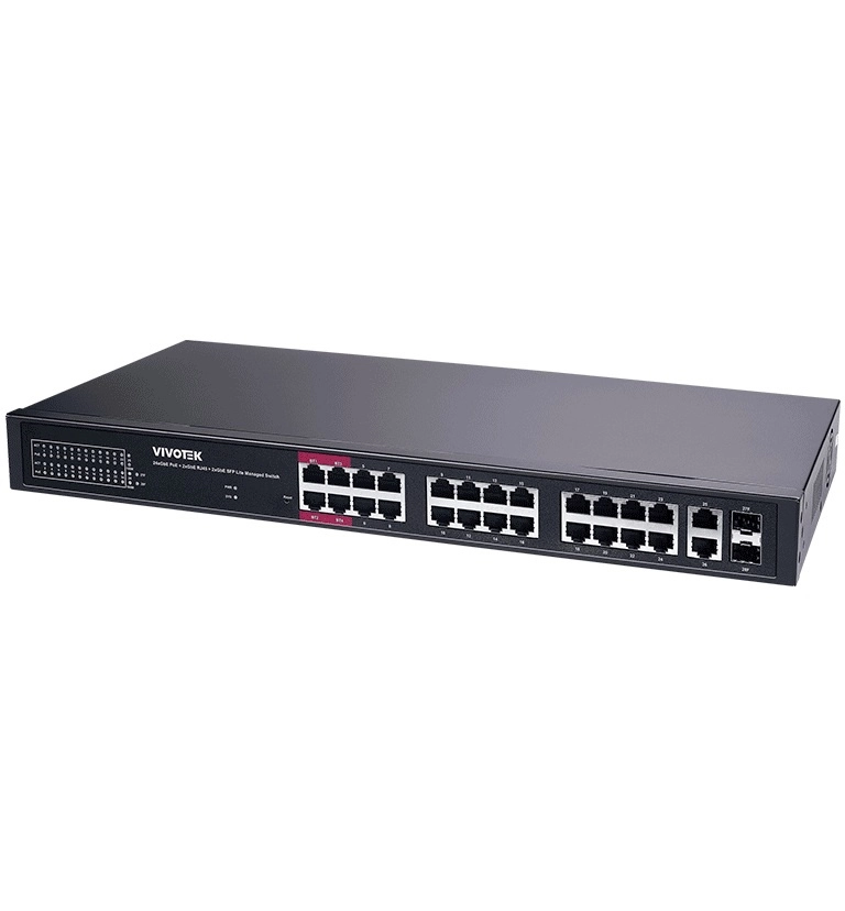 Vivotek aw-gel-285a-380  - switch poe  24 puertos administrable lite, 20 puertos ge 30w poe, 4 puertos ge 90w poe, 2 puertos ge utp, 2 puertos ge sfp, lite managed poe, 56 gbps, 380w totales, poe extendido 250 mts, ndaa