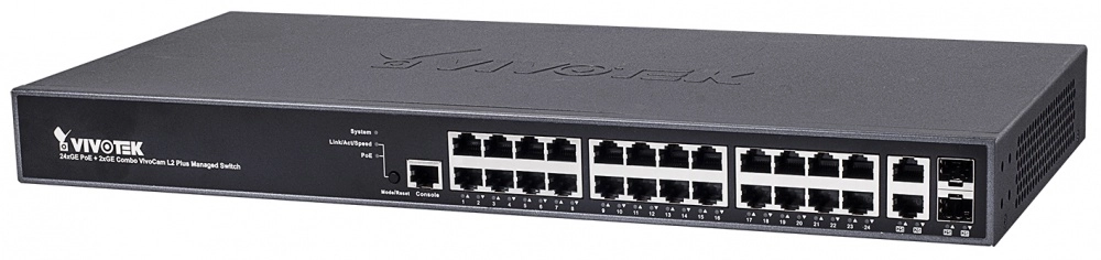 Vivotek aw-gev-264b-370 - switch poe administrable con 24 puertos poe ge rj45, 2 puertos ge sfp, 30w por puerto, 370w totales, vivocam web smart, 52gbps y protección 6kv.