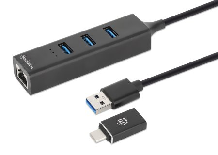 180894 adaptador usb-a macho con acoplador usb-c macho a conector rj-45 hembra y tres conectores usb-a de 5 gbps de súper velocidad (usb 3.2 gen1) - aliment