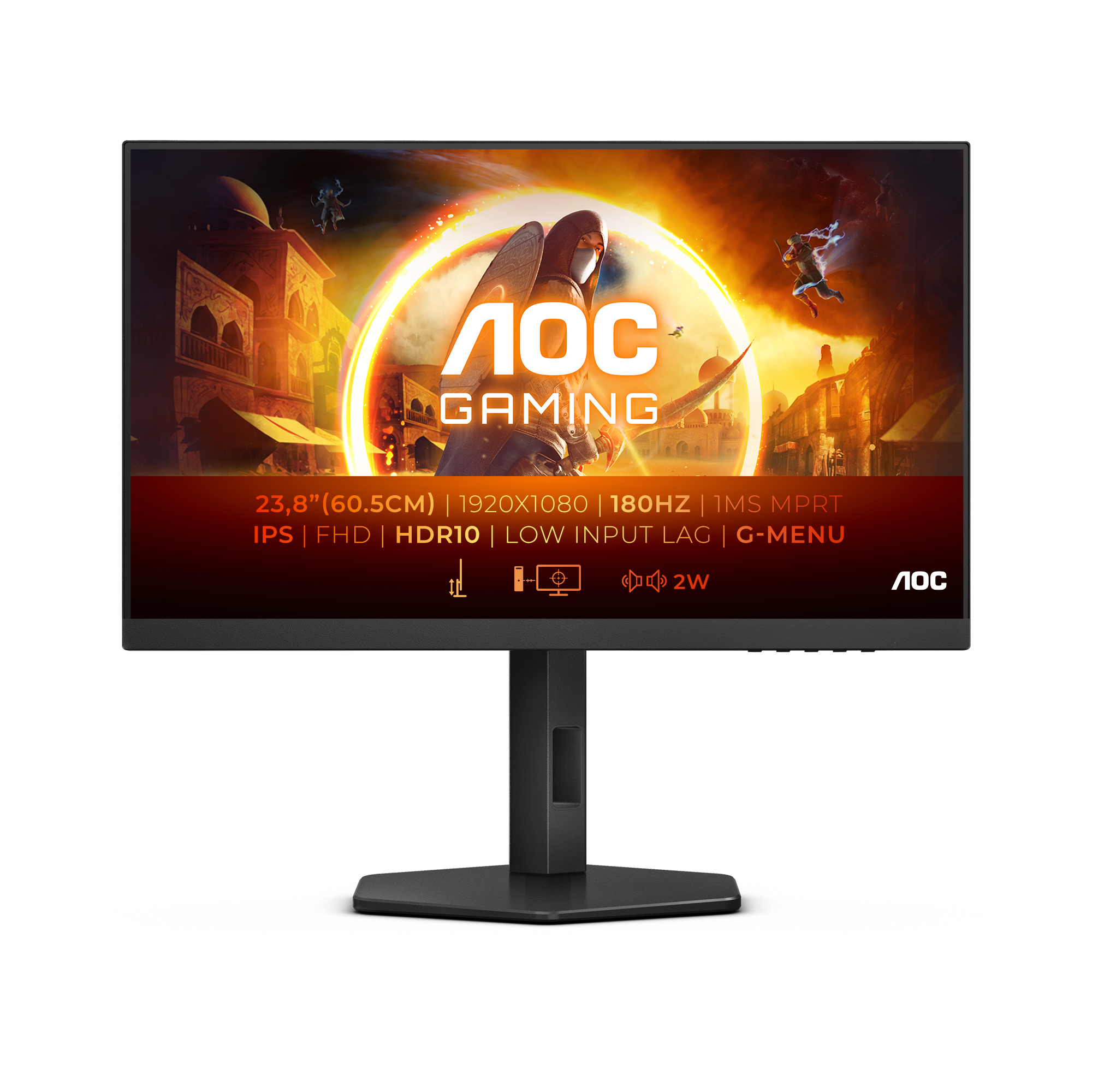 Monitor gamer aoc 24g4 / panel ips / 23.8 pulgadas / hdmi / displayport / aspecto 16:9 / tr 1 ms / adaptive sync / 180 hz / resolucion 1920 x 1080 / brillo 300 cd/m2 / vesa 100x100 mm/ negro y rojo