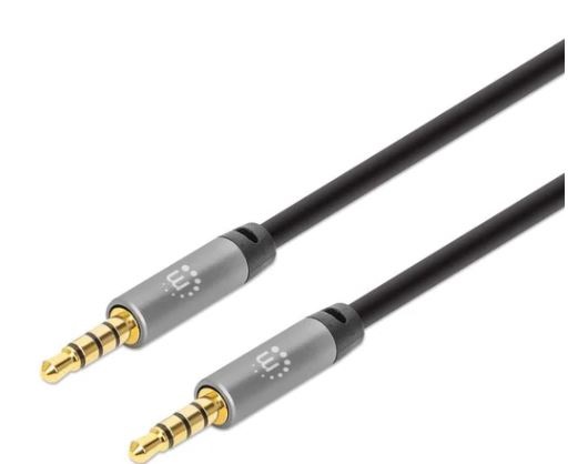 356015 cable auxiliar de audio estéreo - dos conectores macho de 3.5 mm, 5m, contactos chapados en oro, diseño delgado, negro/plata.