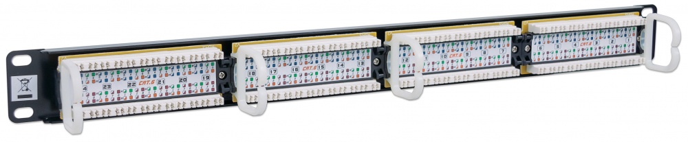 520959 panel de parcheo cat6 24 puertos 1u; soporta cable trenzado sólido y multifilar de calibres 22 y 26 awg.