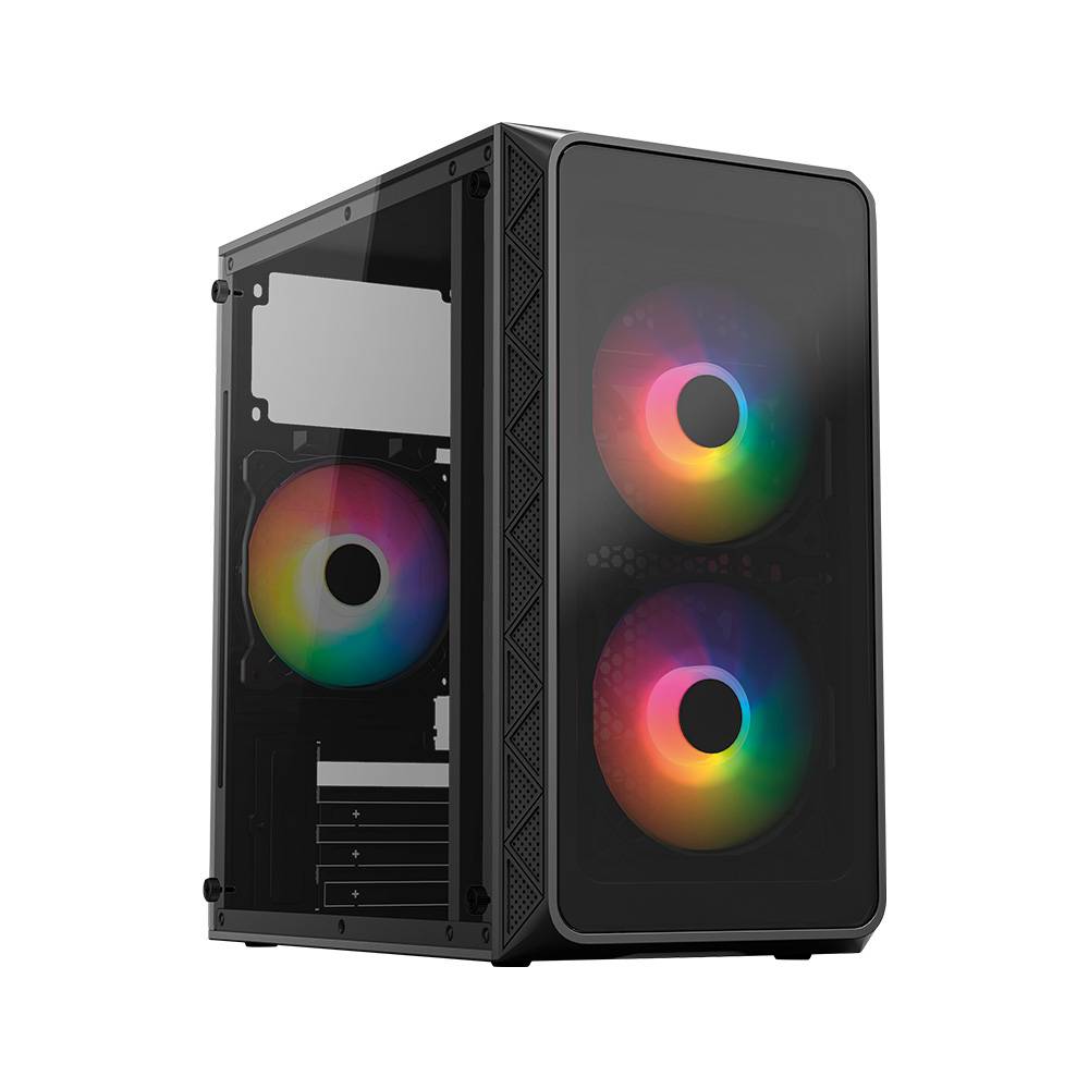 Gabinete mini torre doom pro crystal gi730 / max mb m-atx fuente atx 600 w / 1x usb 3.0 + 1x usb 2.0 + 3xfan frgb / panel izq cristal + frente cristal / negro