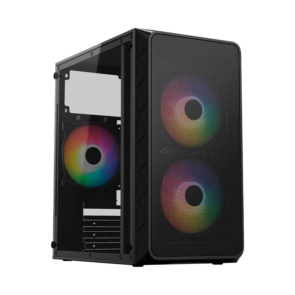 Gabinete mini torre doom pro mesh gi730 / max mb m-atx fuente atx 600 w / 1x usb 3.0 + 1x usb 2.0 + 3xfan frgb / panel izq cristal + frente mesh / negro