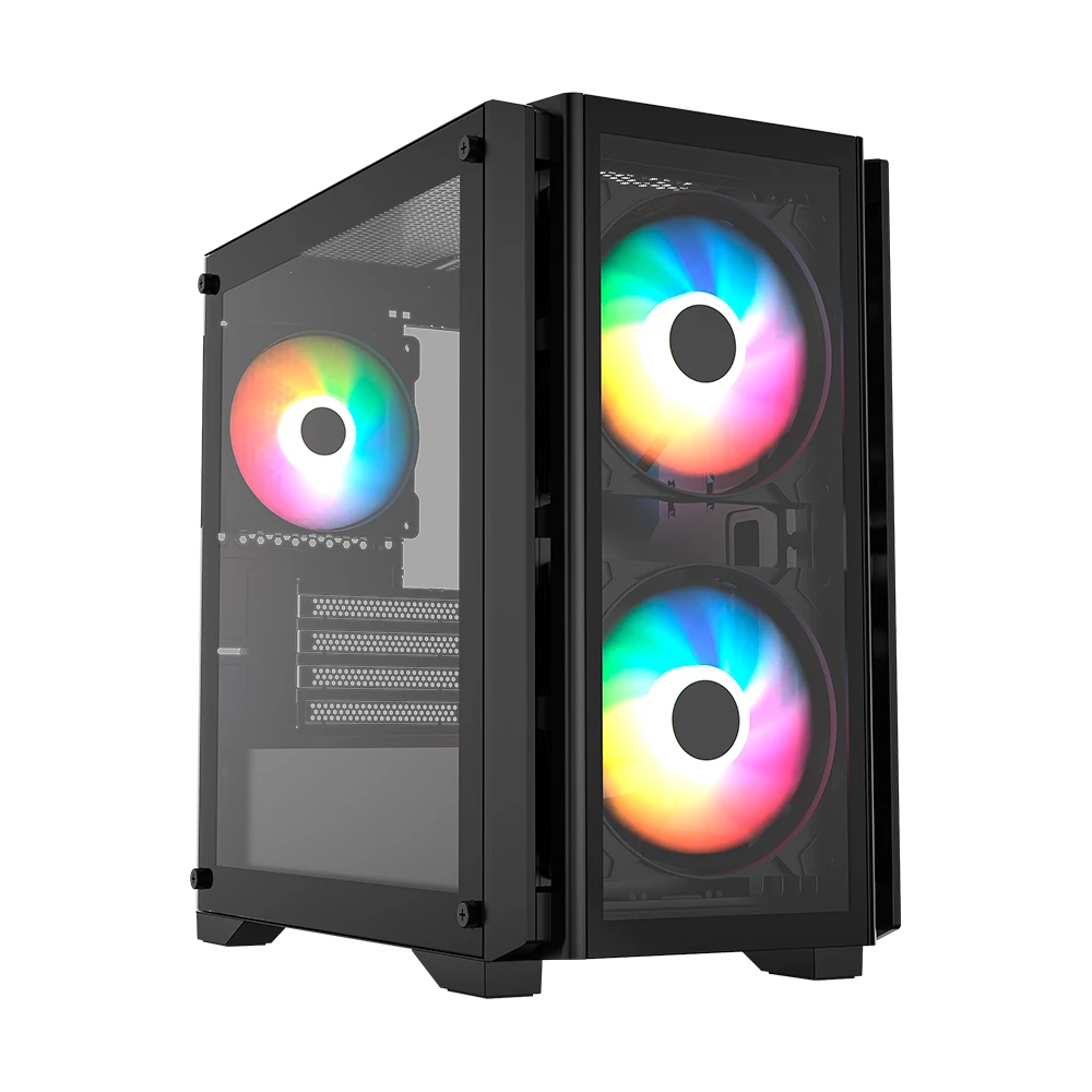 Gabinete gamer balam rush / mini torre / carbono crystal 4000c / micro-atx, mini-atx / 3 ventiladores argb / panel izq cristal + frente cristal / negro / br-938877