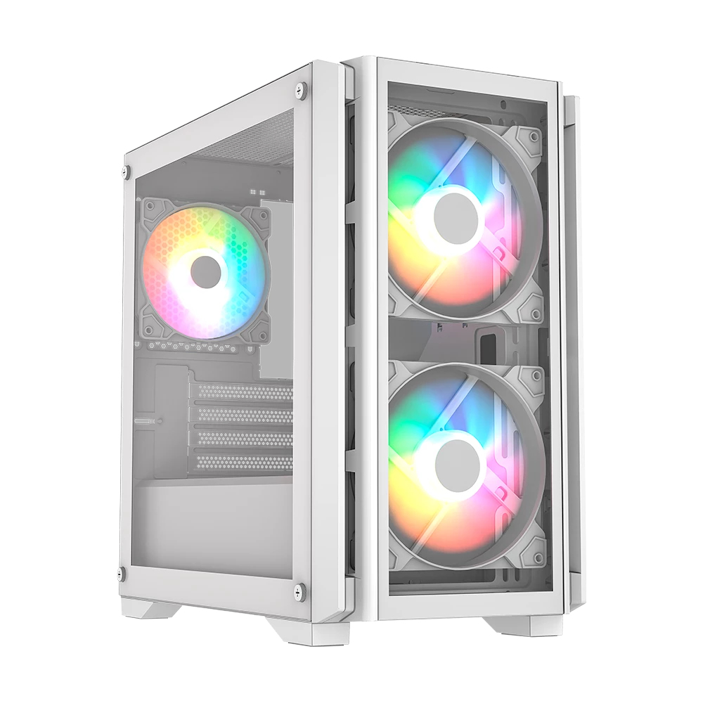 Gabinete gamer balam rush / mini torre / carbono crystal 4000c / micro-atx, mini-atx / 3 ventiladores argb / panel izq cristal + frente cristal / blanco / br-938884