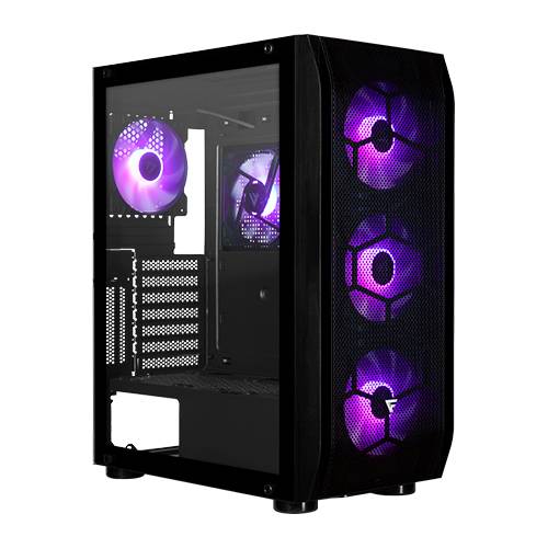 Gabinete game factor csg400 - mid tower, 2 usb 3.2 1x usb c, atx-e, 5 ven argb, cristal temp, negro