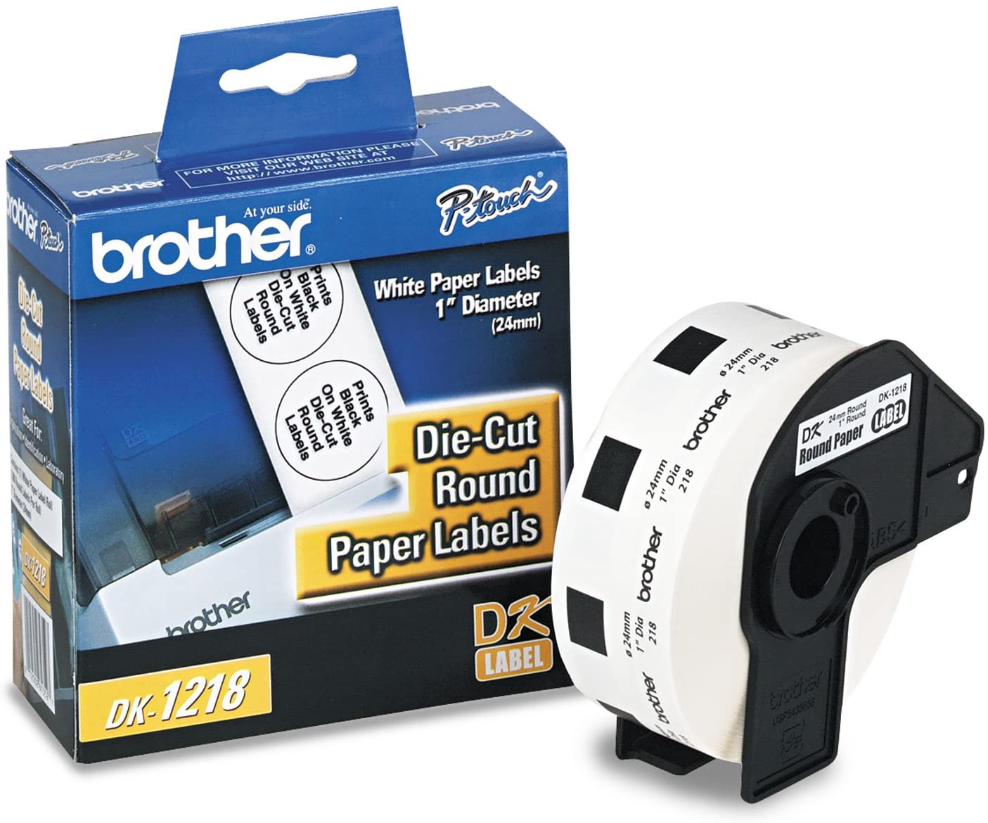 Etiqueta blanca de papel brother dk1218 - 1000 etiquetas de 24 mm de diametro. impresión en negro. ql800 / ql810w.