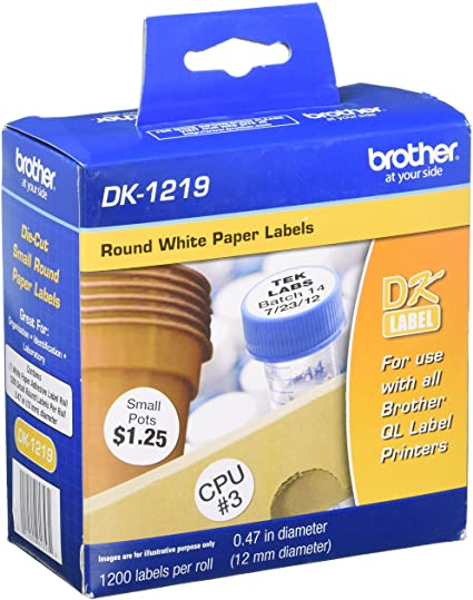 Etiqueta blanca de papel brother dk1219 - 1200 etiquetas de 12 mm de diametro. impresión en negro. ql800 / ql810w.