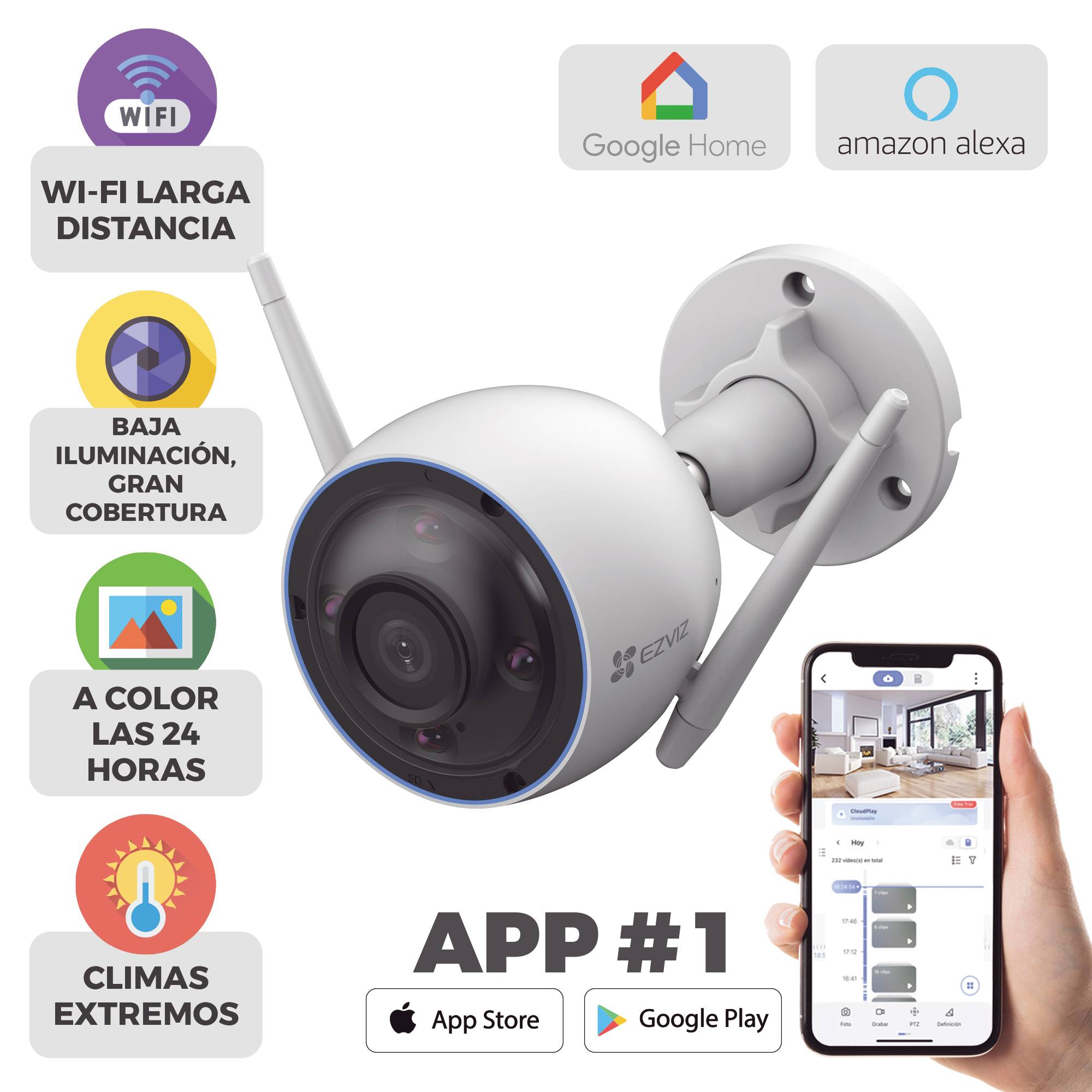 Cámara bala ip 3 mp ezviz h3 2k / wi-fi / audio de dos vías / ip67 / visión a color 24/7 / microsd hasta 512 gbgb