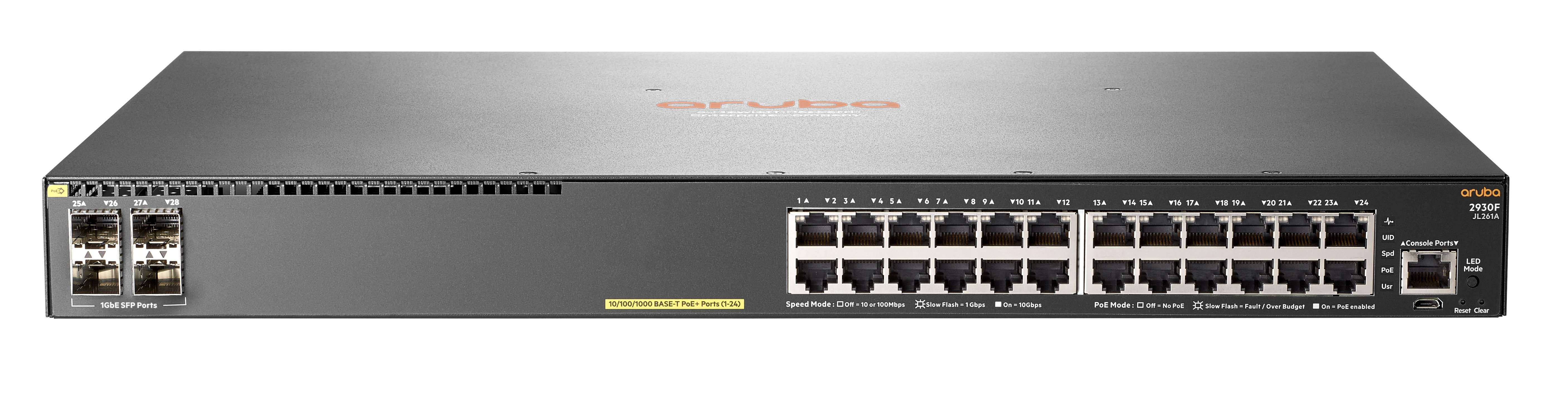 Switch aruba jl261a gigabit ethernet 2930f 24g poe+ 4sfp - 24 puertos poe+ 10/100/1000mbps + 4 puertos sfp, 56 gbit/s, 32.768 entradas - gestionado