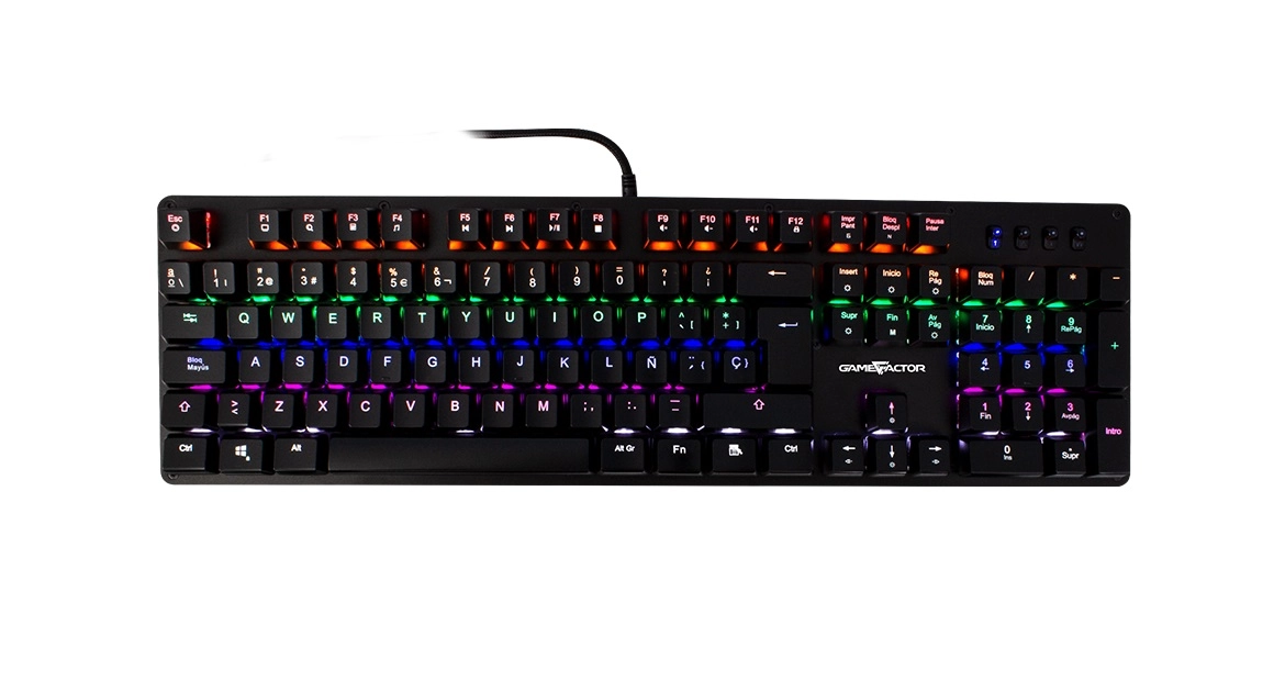 Teclado mecanico gamefactor kbg400-b - usb, qwerty, negro, multicolor, switch azul