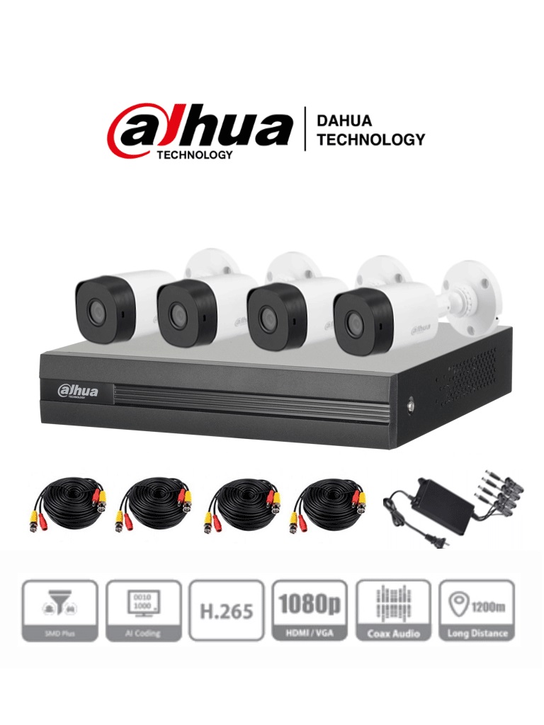 Dahua kitxvr1b04-i+4b1a21 - kit de 4 canales de 2 megapixeles/ dvr cooper-i wizsense/ con ia/ h.265+/ 4 camaras b1a21 1080p/ 4 canales + 1 ip