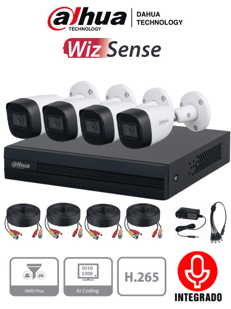 Dahua kitxvr1b04-i+hfw1200cma- kit de 4 canales de 2 megapixeles con audio/ dvr cooper-i wizsense/ h.265+/ 4 camaras metalicas con microfono integrado