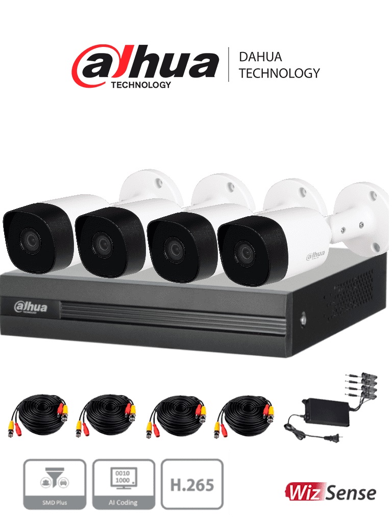 Dahua kitxvr1b04h-i+4b2a51 - kit de 4 canales de 5 mp/ dvr cooper-i wizsense/ con ia/ 4 camaras b2a51 metalicas/ 4 canales + 1 ip o hasta 5 canales ip