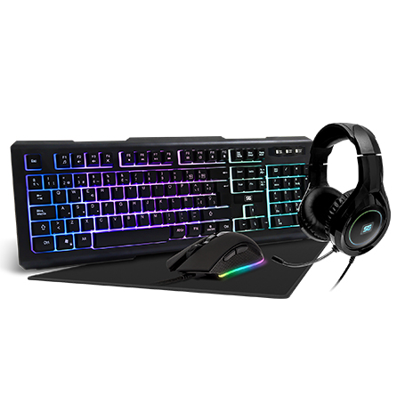 Kit teclado gamer iluminado - mousepad, diadema y mouse vorago start the game kmh-501, usb alámbricos, 4000 dpis