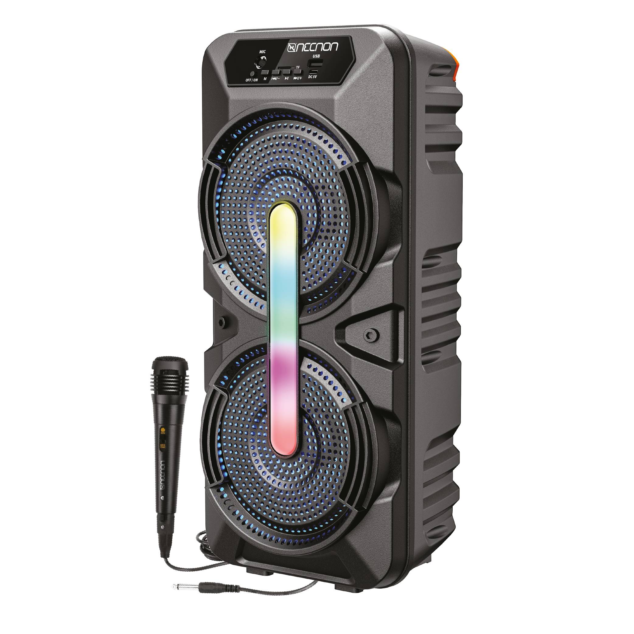 Bafle karoke necnon bluetooth doble 6.5 pulgadas nb-06b tws incluye microfono alambrico radio fm micro sd usb barra de luz led 6500 watts negro