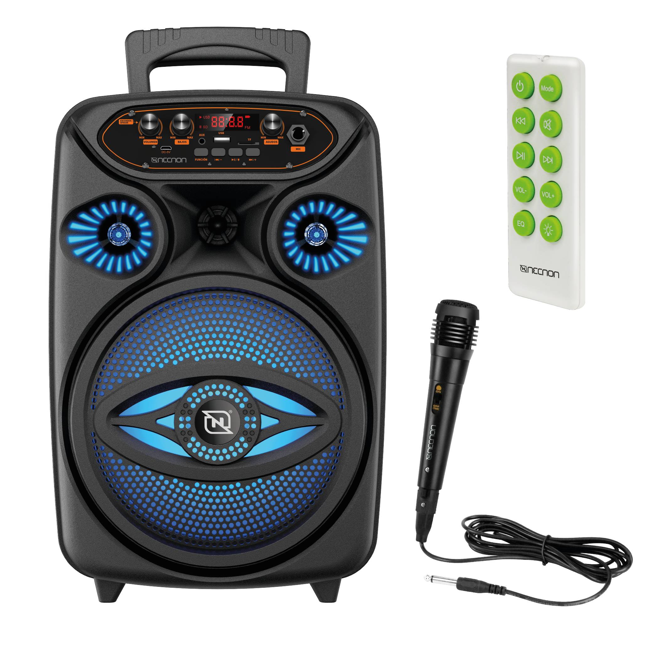 Bafle karaoke necnon bluetooth 8 pulgadas nb-08w tws incluye microfono alambrico control remoto radio fm micro sd usb aux 3.5mm iluminacion led control agu