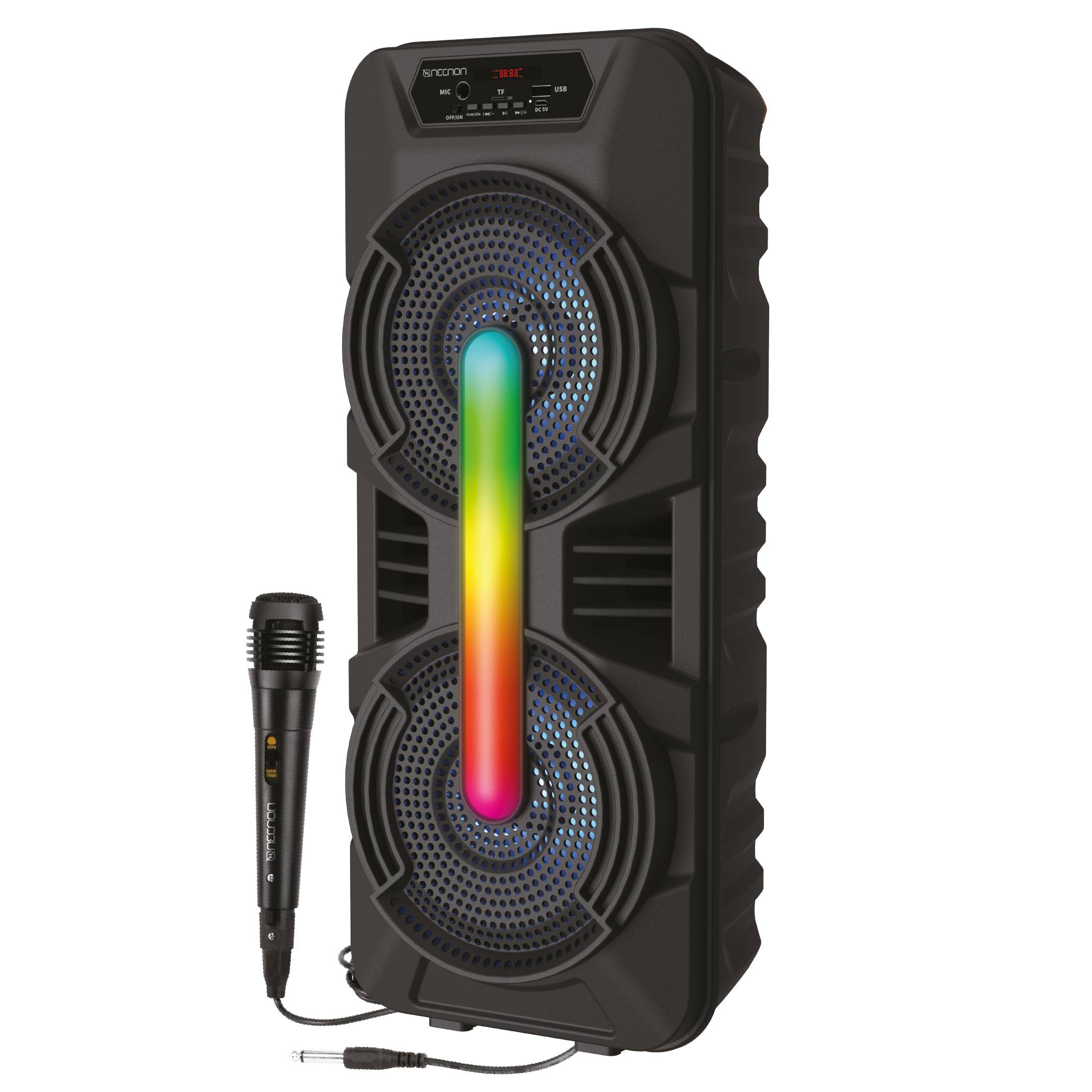 Bafle karaoke necnon bluetooth doble 8 pulgadas nb-08x tws incluye microfono alambrico radio fm micro sd usb barra de luz iluminacion led 7400 watts displa