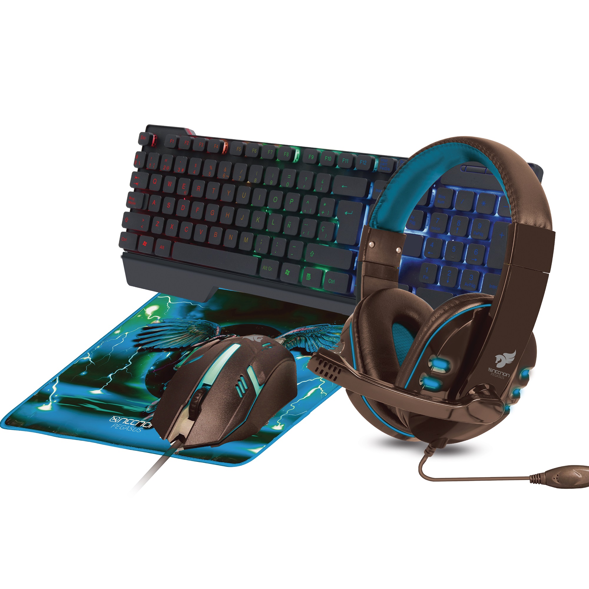 Kit gaming 4 en 1 ngc-pegasus audifonos led teclado 104 botones mouse 3 botones 1000dpi mousepad azul