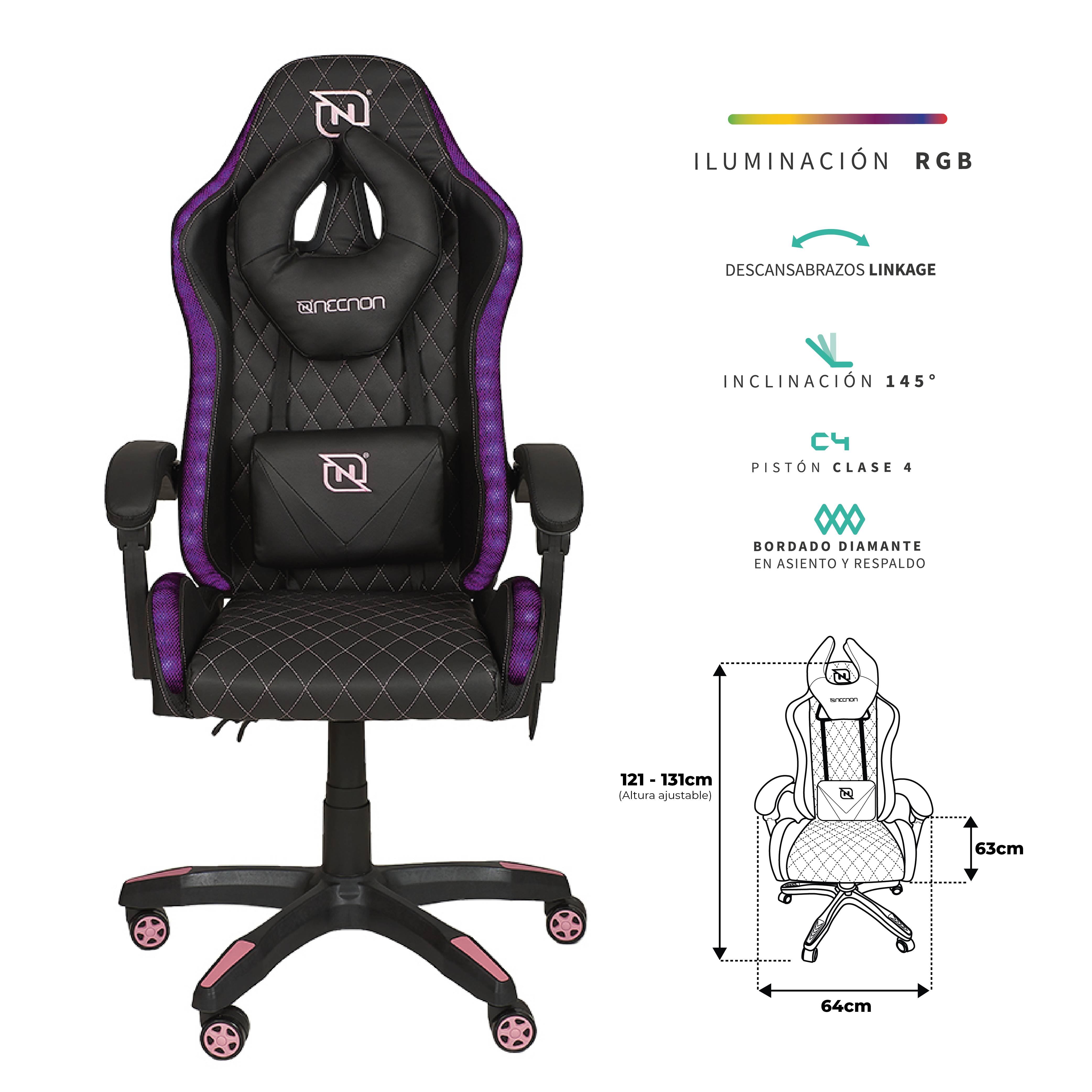 Silla gamer rgb inclinacion respaldo 145 clase 4 140-150kg nsg-rgb1 foam 350mm 63cm*64cm*121-131cm cojin lumbar y cabeza negro/fuscia