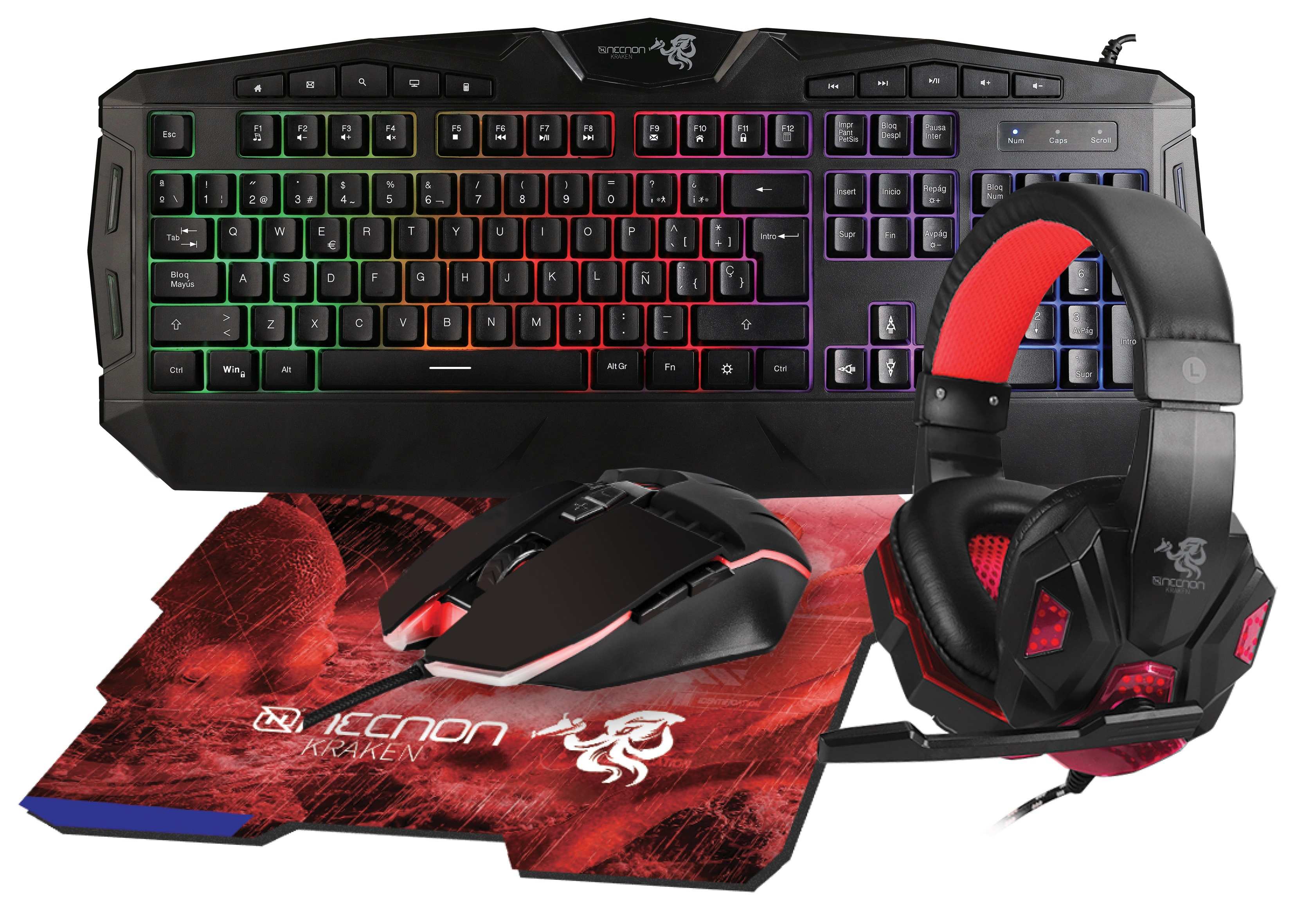 Kit gaming 4 en 1 ngc-kraken audifonos led teclado 114 teclas mouse 7 botones hasta 3200dpi mousepad rojo