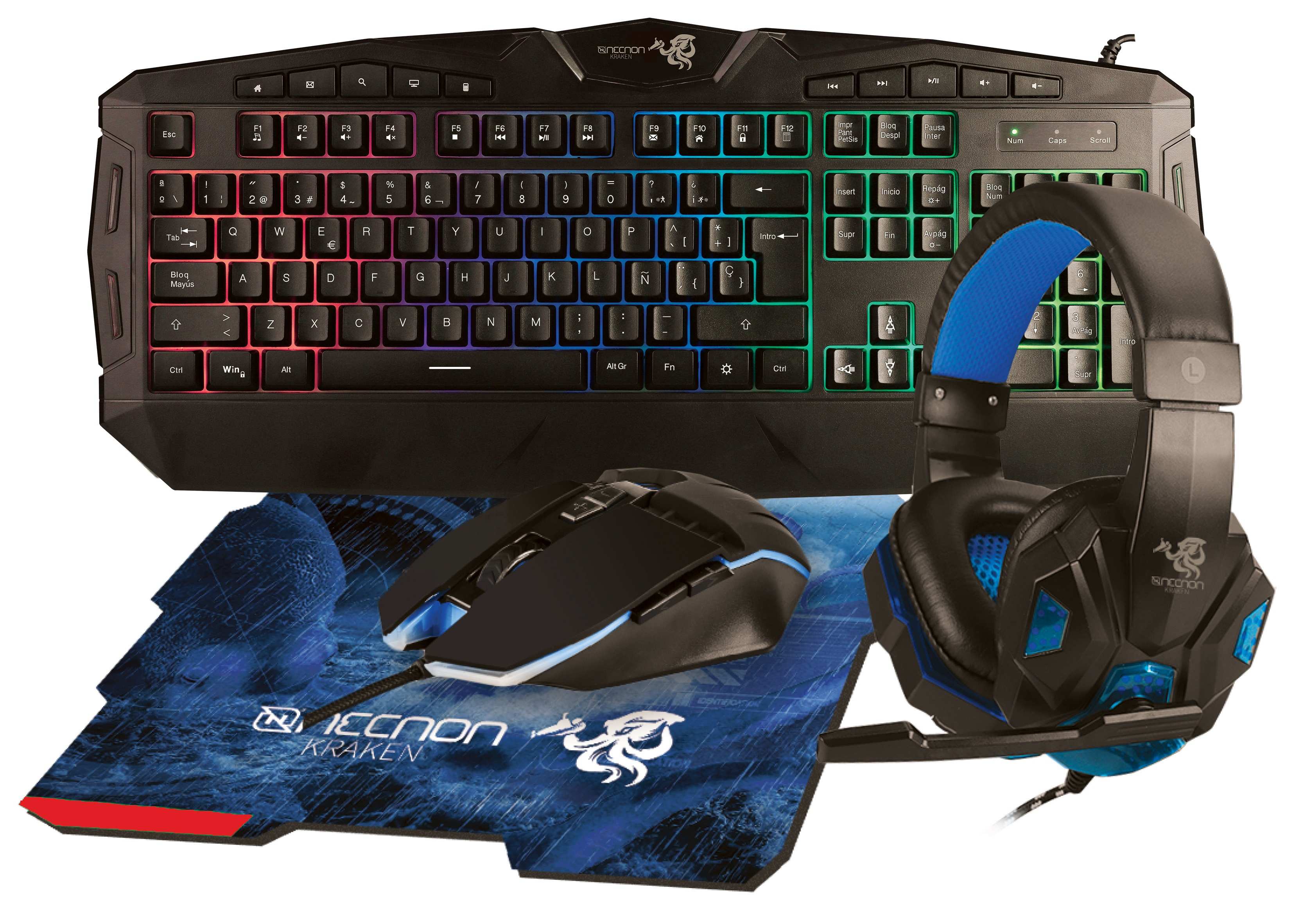 Kit gaming 4 en 1 ngc-kraken audifonos led teclado 114 teclas mouse 7 botones hasta 3200dpi mousepad azul