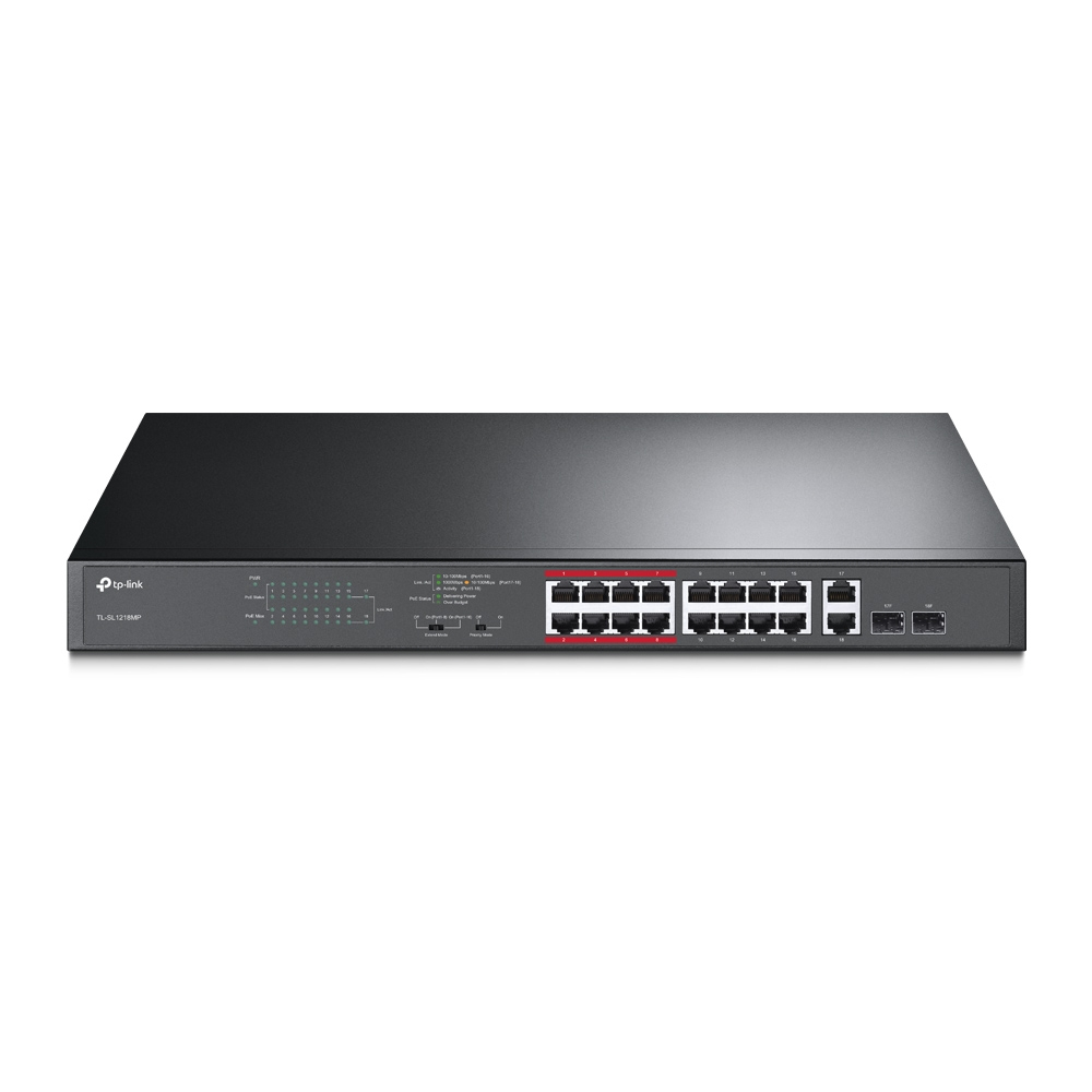 Switch poe tp-link tl-sl1218mp - 10/100mbps + 2 gigabit, negro, 18, 7w, 16 puertos