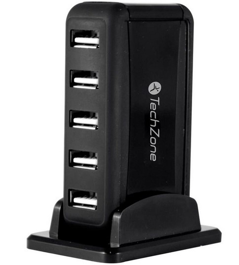 Hub techzone - 7 puertos usb 2.0, color negro con fuente de poder para el incremento de tasa de transferencia, 1 año de garantía.