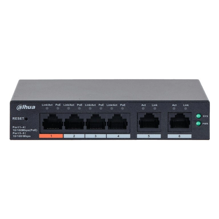 Dahua dh-cs4006-4et2et-60 - switch poe de 6 puertos administrable con 4 poe (10100 mbps) y 2 uplink (10100 mbps). total de 65 w poe, administración en la nube con dolynk care, carcasa metálica robusta, ideal para redes ip.