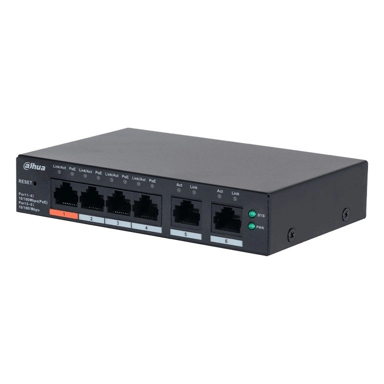 Dahua dh-cs4006-4et2et-60 - switch poe de 6 puertos administrable con 4 poe (10100 mbps) y 2 uplink (10100 mbps). total de 65 w poe, administración en la nube con dolynk care, carcasa metálica robusta, ideal para redes ip.