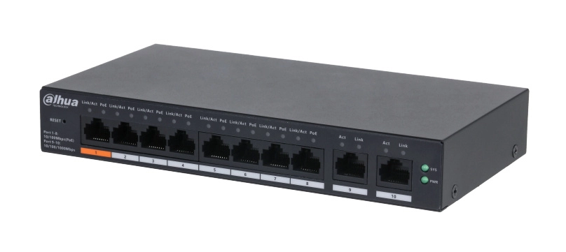 Dahua dh-cs4010-8et-60 switch poe de 8 puertos  poe inteligente 60watts totales 2 puertos uplink switching 4.8gbps protección de descargas dolynk care