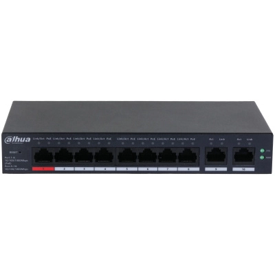 Dahua dh-cs4010-8gt-110-v2- switch de 10 puertos gigabit  8 puertos poe  2 puertos uplink 101001000 110 watts totales  switching 20 gbps  tasa de reenvio de paquetes 14.88 mbps  poe watchdog  plataforma dolynk care